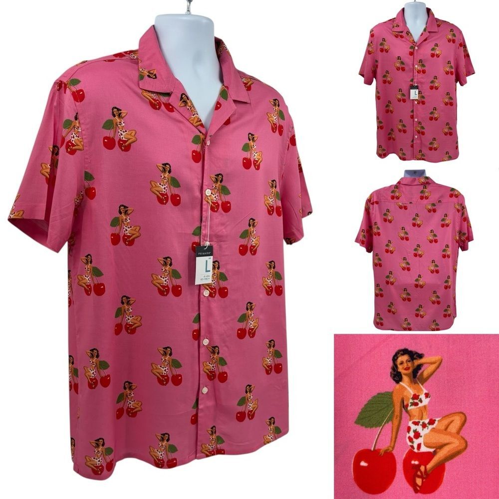 Primark Button Down Pin Up Girl Novelty Shirt Pink Cherries 30's Pin Up Large